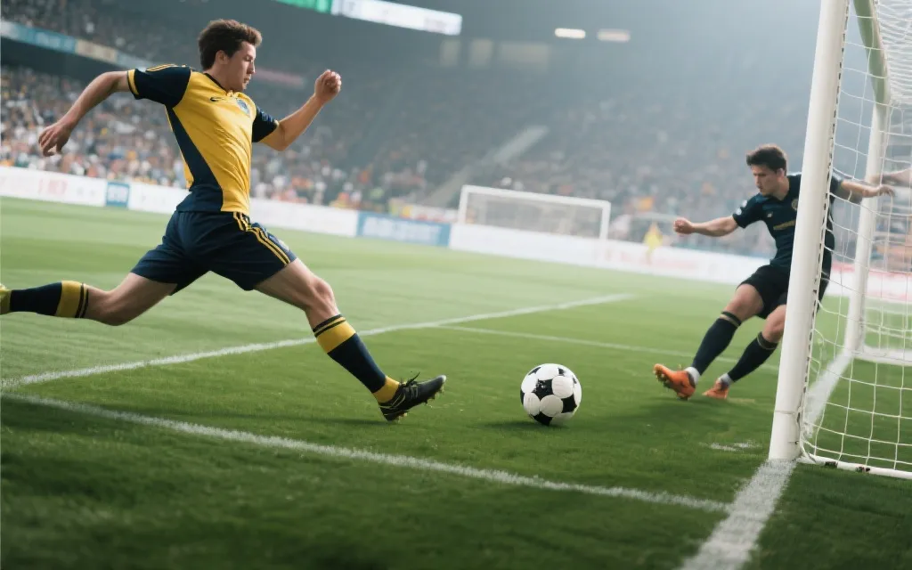 边路球员在防守压力下送出倒三角传球，队友门前准备推射